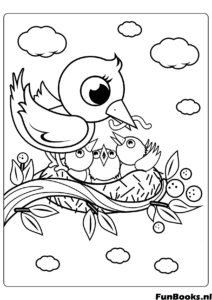 Cute bird sitting on a nest with eggs on a tree branch spring nature coloring page