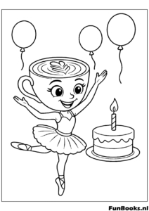 Festive Cappuccino ballerina holding a balloon next to a birthday cake celebration coloring page