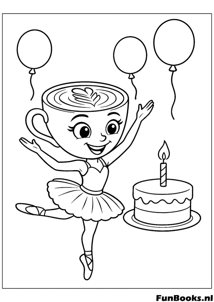 Festive Cappuccino ballerina holding a balloon next to a birthday cake celebration coloring page