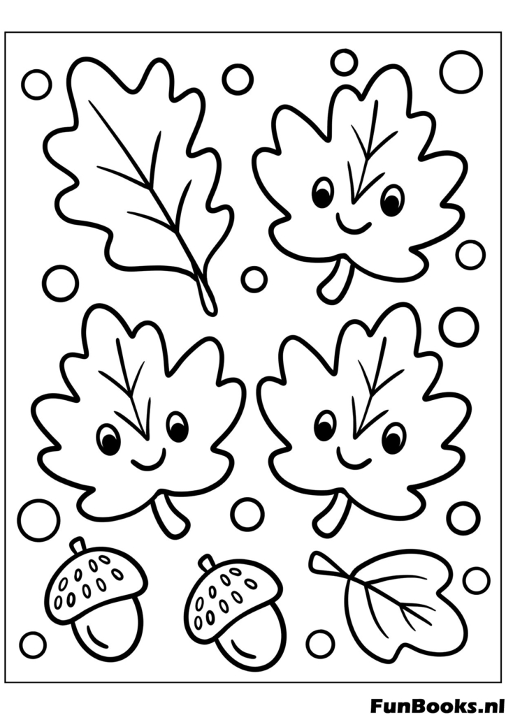 Verzameling van herfstbladeren met schattige lachende gezichten kawaii kleurplaat