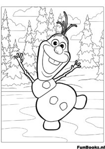 Vrolijke Olaf danst in het bos met dennenbomen winterpret kleurplaat voor kinderen