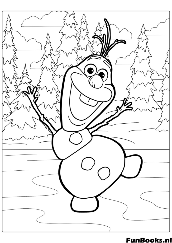 Vrolijke Olaf danst in het bos met dennenbomen winterpret kleurplaat voor kinderen
