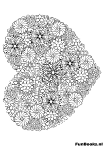 Herz komplett gefüllt mit blühenden Blumen und Gänseblümchen Natur Ausmalbild zur Entspannung