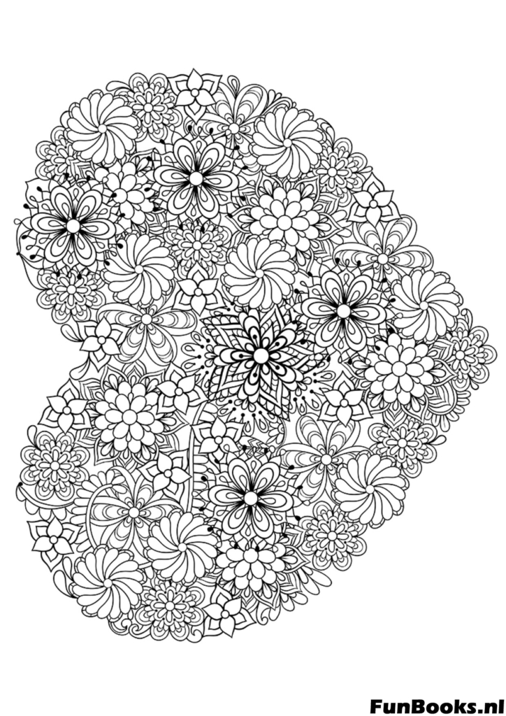 Herz komplett gefüllt mit blühenden Blumen und Gänseblümchen Natur Ausmalbild zur Entspannung