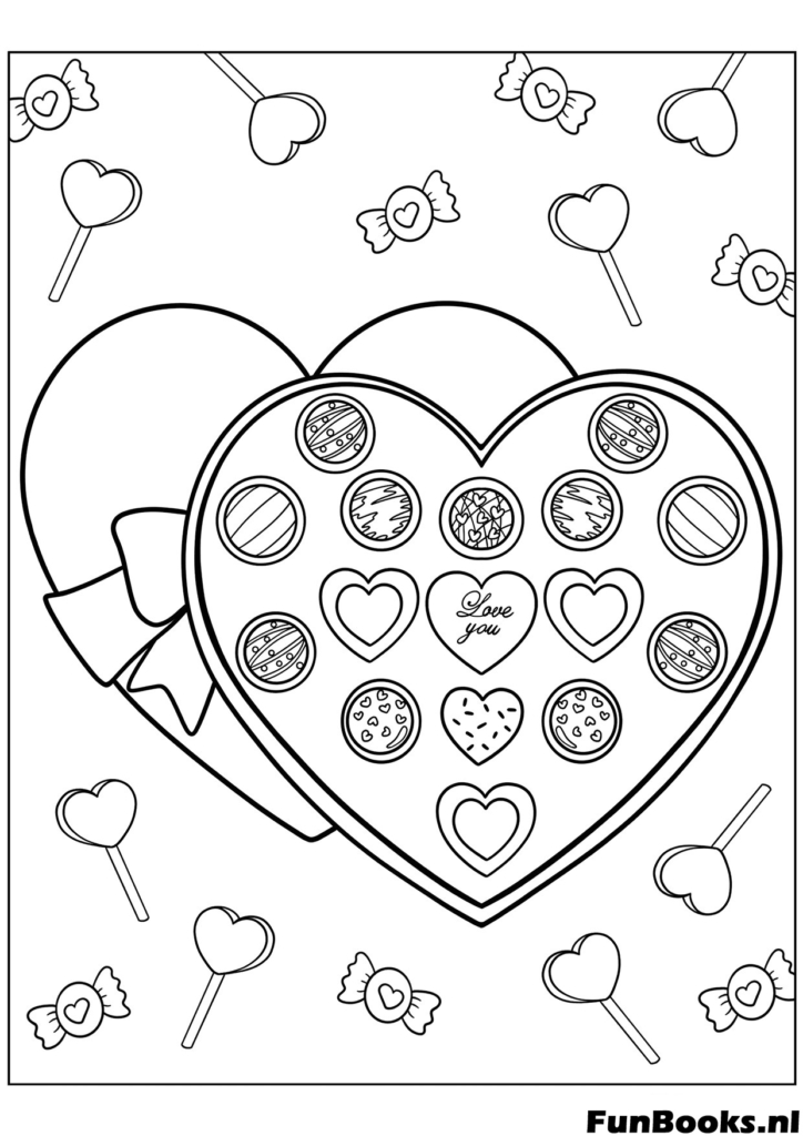 Boîte en forme de cœur avec chocolats et bonbons délicieuse friandise coloriage pour célébrations de Saint-Valentin