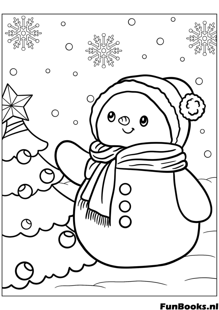 Adorable bonhomme de neige portant des cache-oreilles duveteux et une écharpe debout sous la neige tombante coloriage