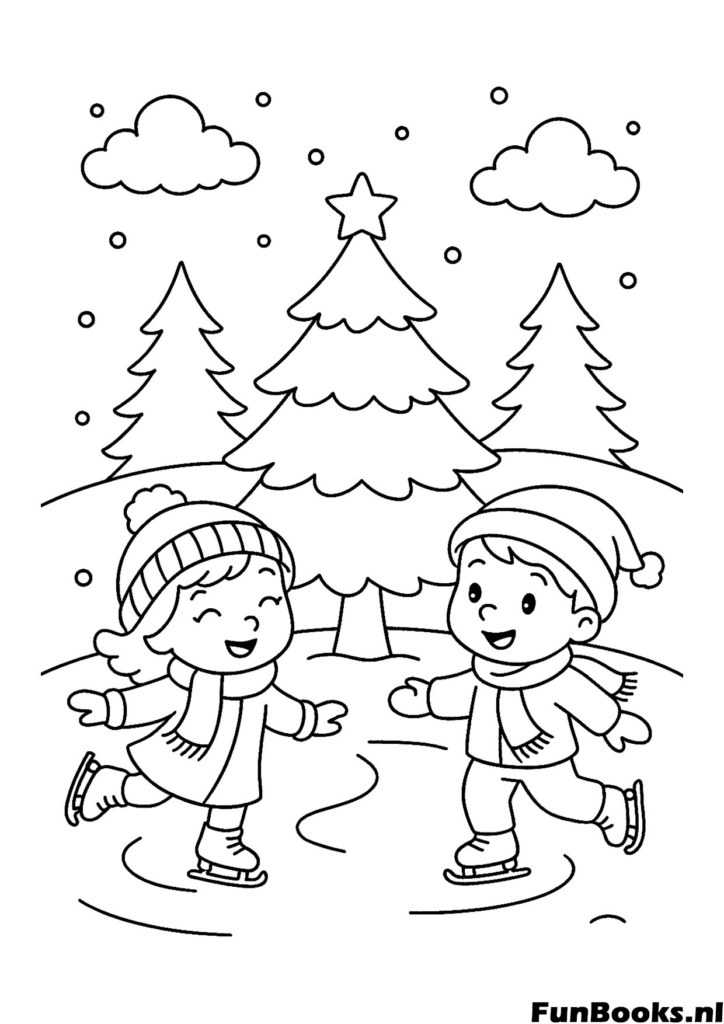 Boy and girl ice skating together holding hands friendship winter scene coloring page