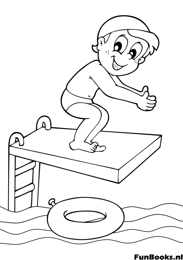 Boy jumping off a diving board into the pool summer swimming coloring page
