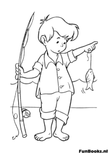 Boy fishing with a rod catching a fish summer hobby coloring page