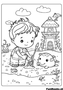 Little boy playing in the sand with a shovel and bucket on the beach coloring page