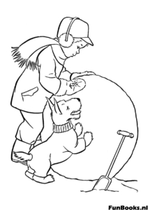 Boy rolling a huge snowball to build a snowman winter play coloring page