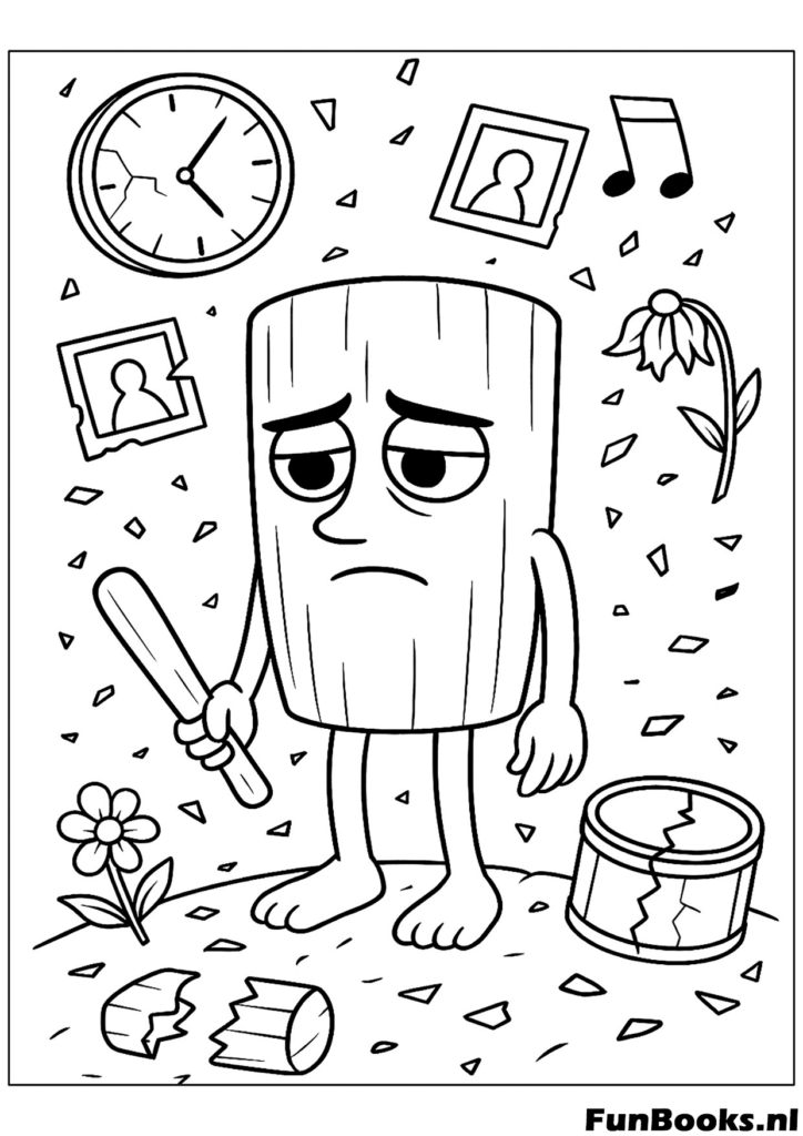 Sad and broken Tung Tung Sahur bamboo drum character sitting on the ground emotional meme coloring page