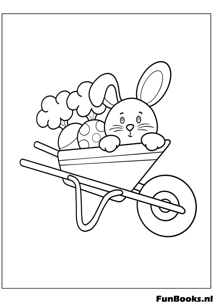 Cute bunny rabbit sitting in a garden wheelbarrow with eggs and flowers Easter coloring page