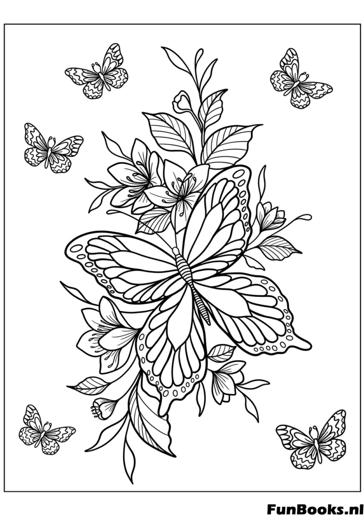 Beautiful butterfly flying around a bouquet of spring flowers detailed coloring page for adults