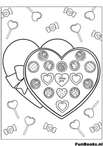 Caja en forma de corazón con chocolates y dulces deliciosa golosina dibujo para colorear para celebraciones