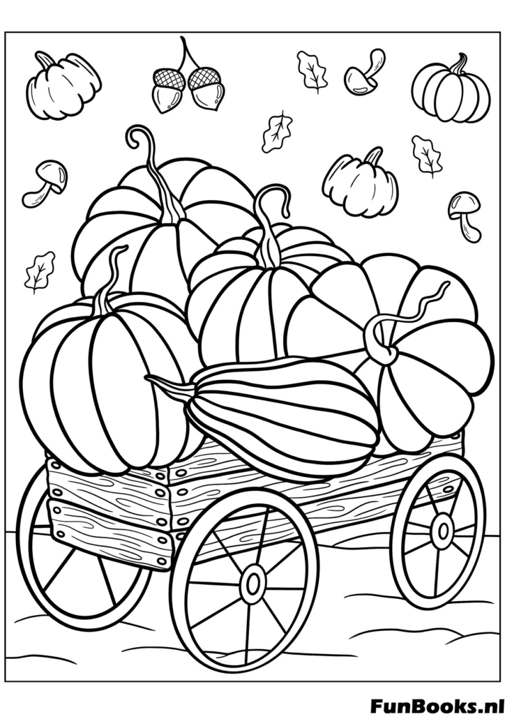 Carreta de madera llena de grandes calabazas y zapallos dibujo de cosecha de otoño para colorear
