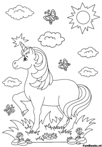 Unicornio caminando entre flores y hierba en un día soleado dibujo para colorear