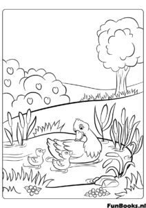 Mère canard et canetons nageant dans un étang avec des arbres paysage de printemps coloriage