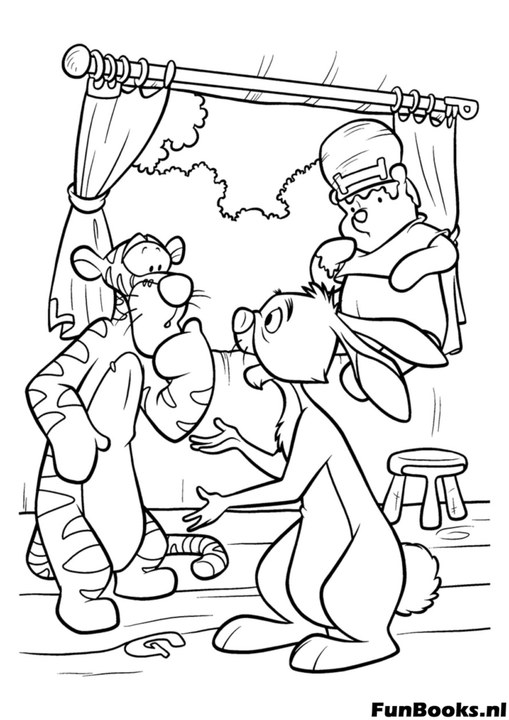 Cangu Roo Tigger y Pooh hablando juntos junto a una ventana en un entorno hogareño acogedor dibujo para colorear