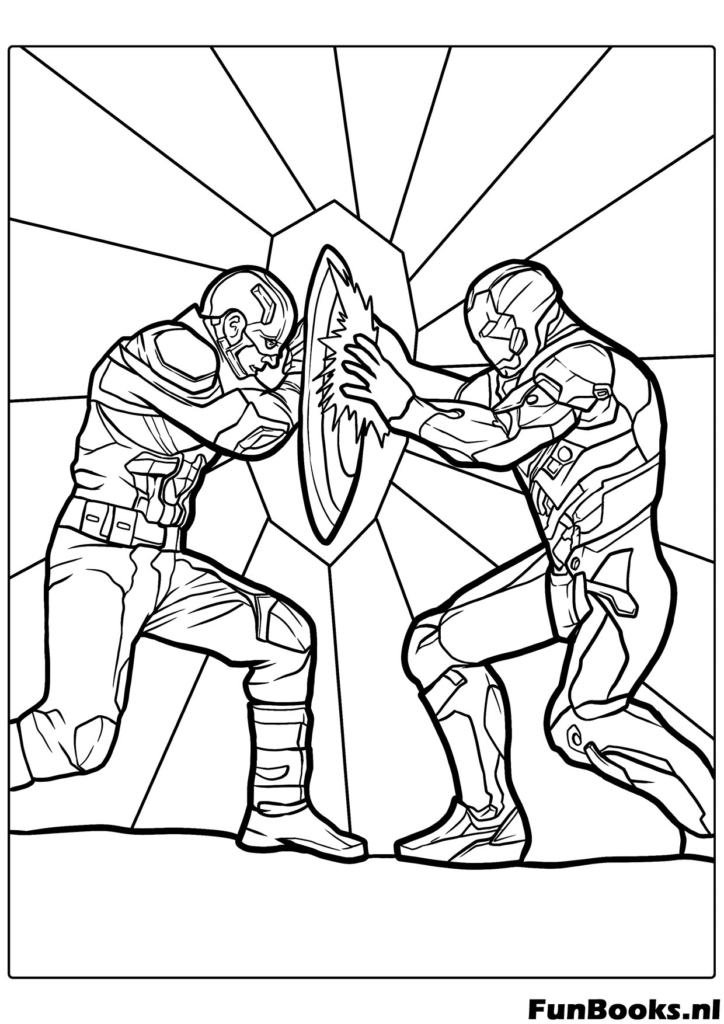 Captain America blocking Iron Man's beam with shield coloring page