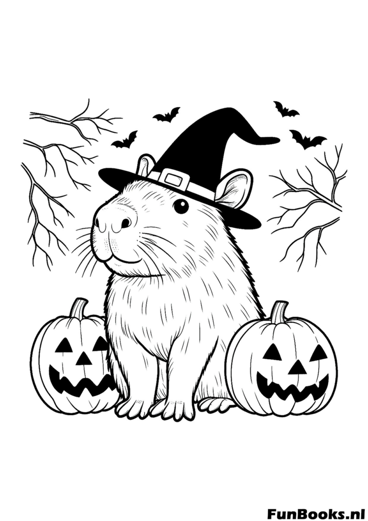 Capibara de Halloween con sombrero de bruja y calabazas dibujo para colorear