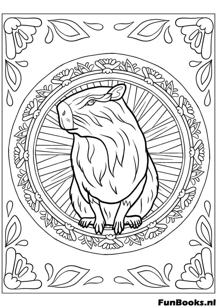 Capibara con marco decorativo estilo art nouveau dibujo para colorear