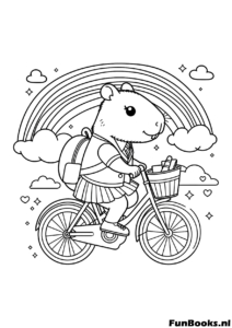 Capibara montando en bicicleta con una mochila dibujo para colorear