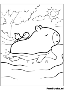 Capibara nadando con un pato en la cabeza dibujo para colorear