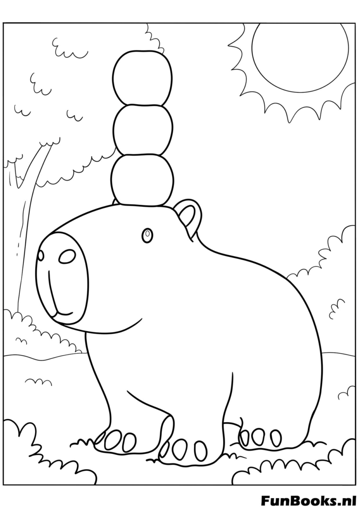 Capibara con naranjas en la cabeza en aguas termales dibujo para colorear