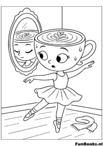 Schattige Cappuccino ballerina kijkt naar haar spiegelbeeld en oefent danspasjes kleurplaat