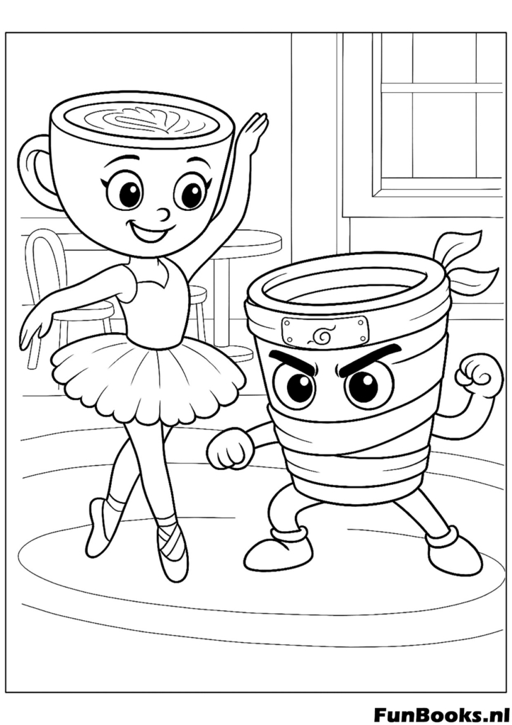 Funny scene of Cappuccino dancing with a mummy character Halloween coloring page