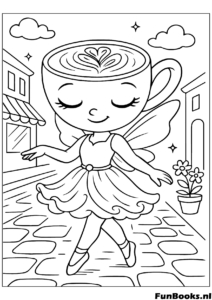 Elegante personaje Capuchino caminando por la calle con un bolso escena de ciudad dibujo para colorear