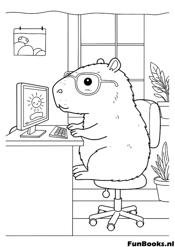 Lustiges Capybara arbeitet im Büro am Computer Ausmalbild