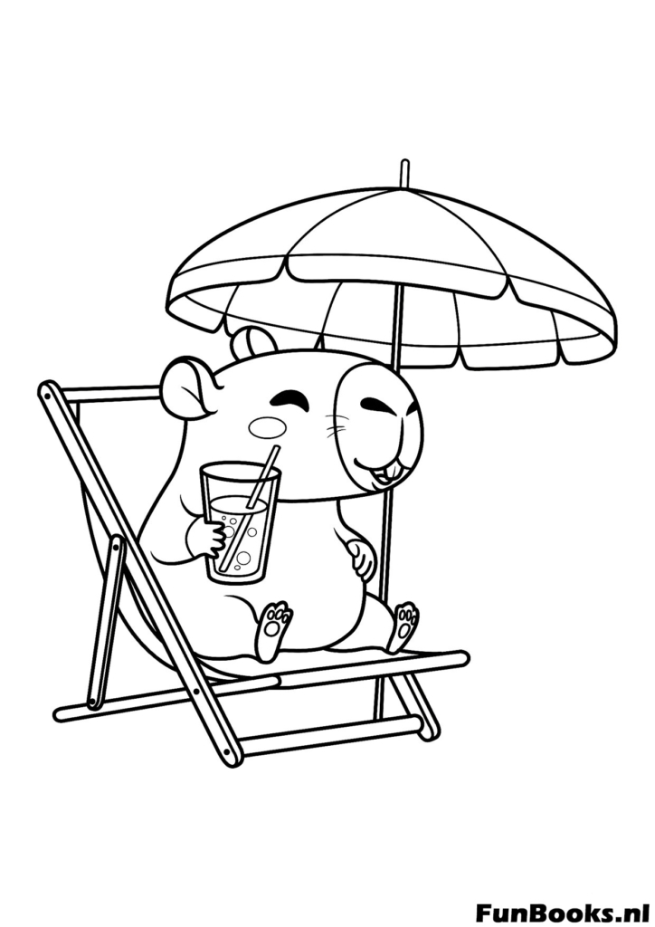 Capybara under an umbrella with a drink coloring page