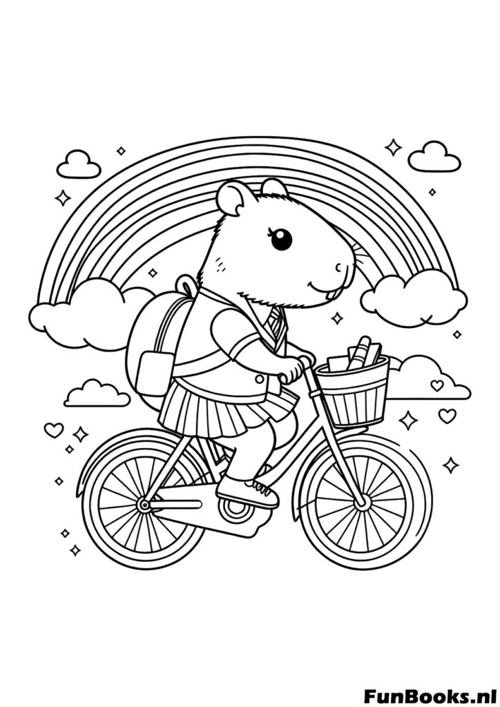Capybara fährt Fahrrad mit einem Rucksack Ausmalbild