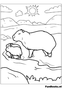 Capybara family walking in nature coloring page