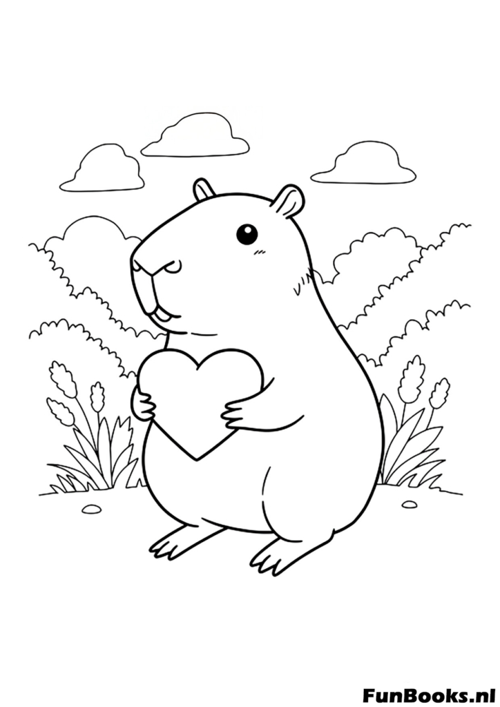 Schattige capybara houdt een liefdeshart Valentijnsdag kleurplaat