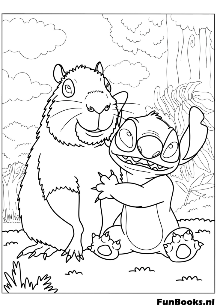 Capybara hugging Stitch from Lilo and Stitch coloring page