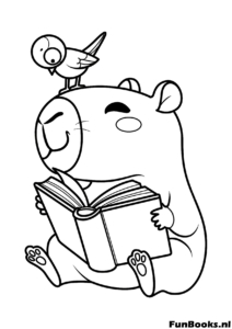 Slimme capybara leest een boek met een vogel kleurplaat