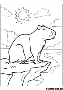 Capybara sitting on a cliff looking at landscape coloring page