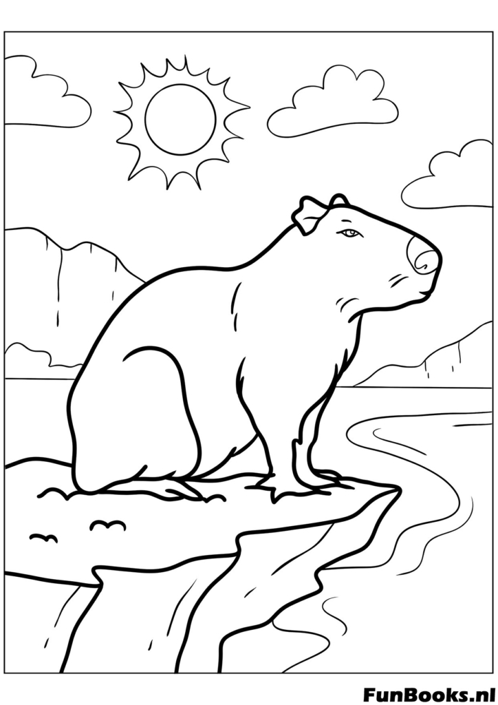 Capybara sitting on a cliff looking at landscape coloring page
