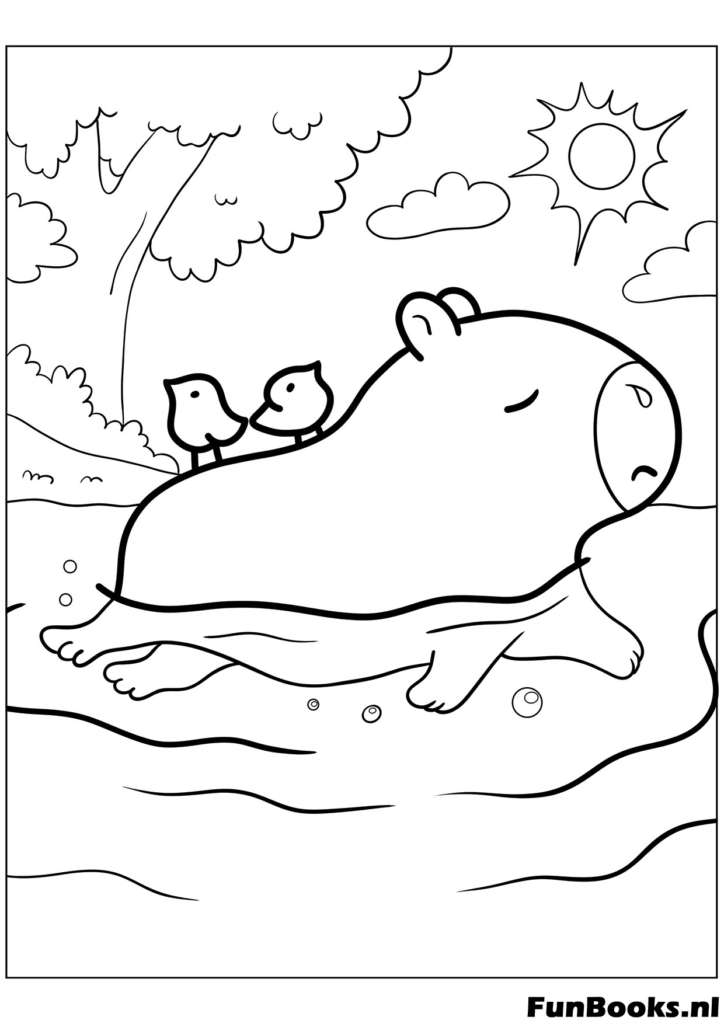 Capybara swimming with a duck on its head coloring page