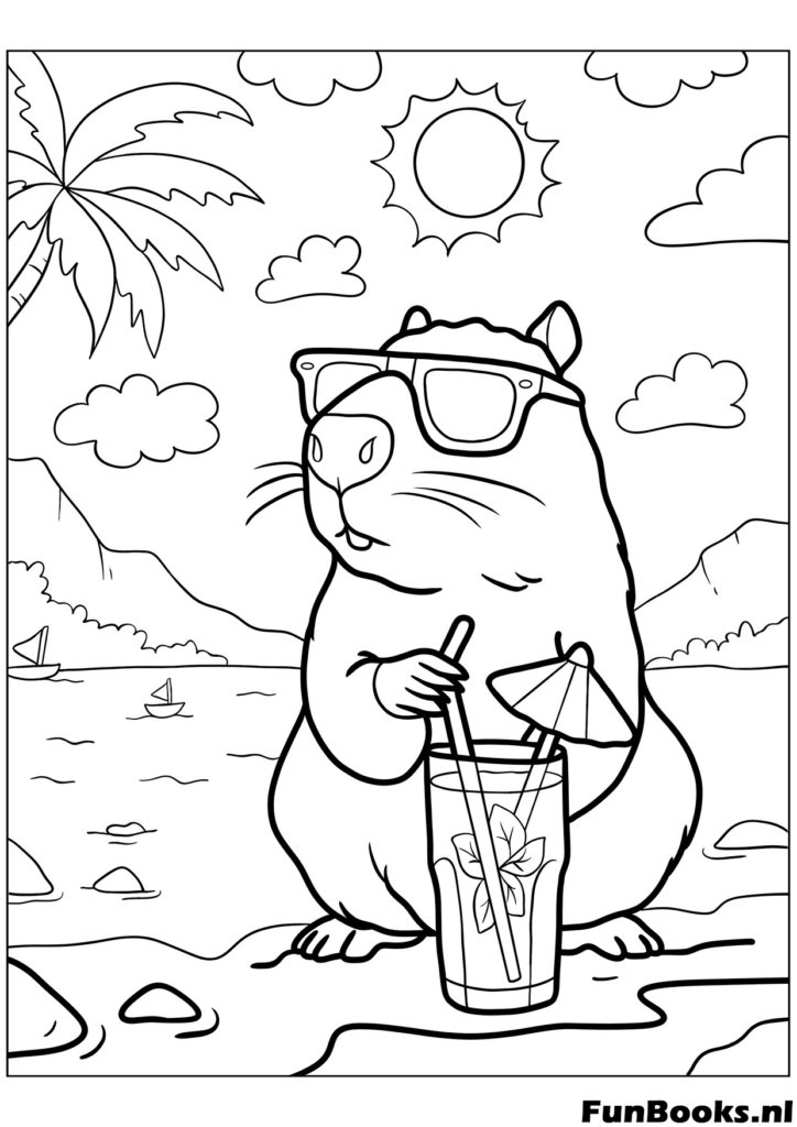 Lustiges Capybara trinkt Cocktail am Strand Ausmalbild
