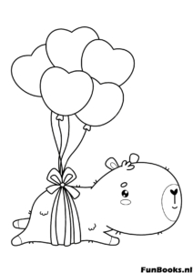 Drôle de capybara volant avec un bouquet de ballons cœur coloriage animal mignon