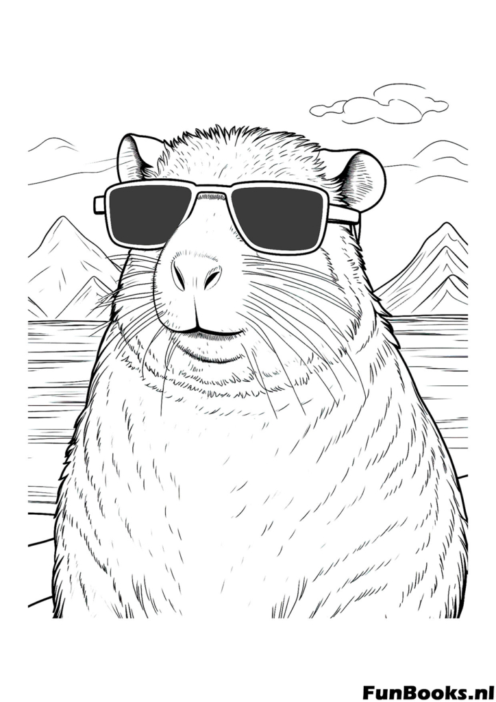Primer plano cara capibara con gafas de sol dibujo para colorear