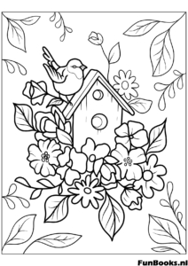 Casa de pájaros de madera rodeada de flores trepadoras y un pájaro jardín de primavera dibujo para colorear