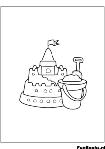 Castillo de arena con cubo y pala en la playa vacaciones de verano dibujo para colorear