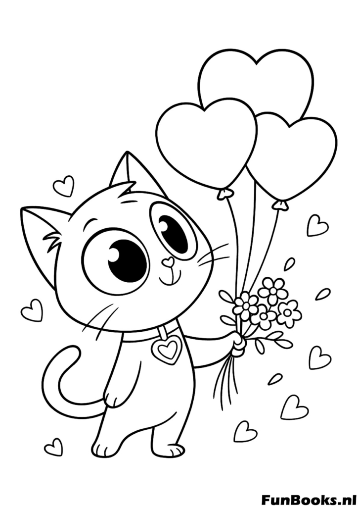 Happy cat holding a bouquet of heart balloons festive coloring page for celebrations