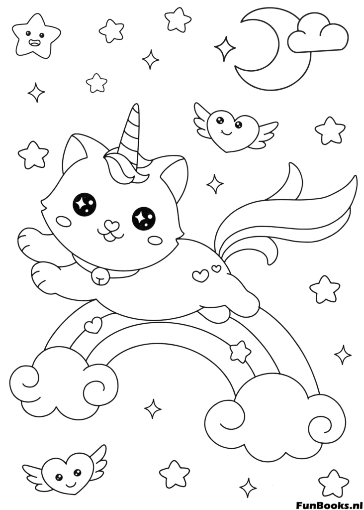 Cute caticorn cat unicorn flying over a rainbow with clouds and birds coloring page
