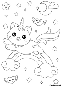 Süße Caticorn Katzen-Einhorn fliegt über einen Regenbogen mit Wolken und Vögeln Ausmalbild